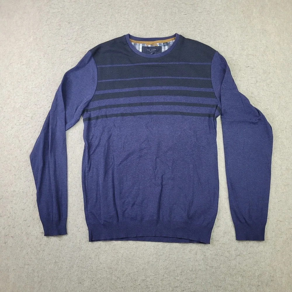 Ted Baker Sweater Mens 3 Blue Striped Pullover Crew Neck Preppy